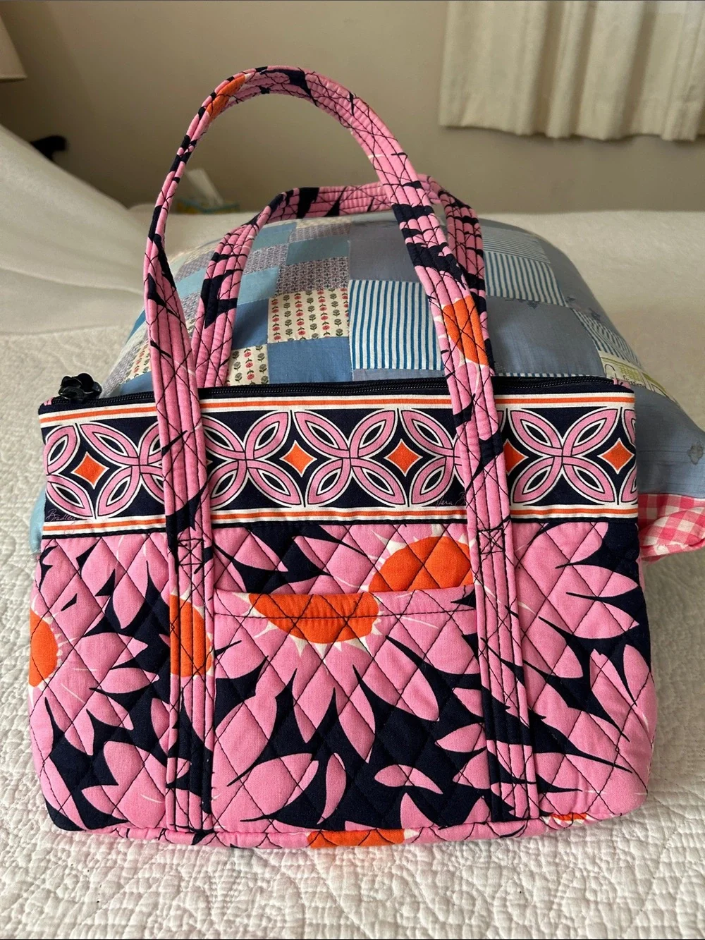 Vera Bradley Quilted Floral Pink and Navy Tote Bag